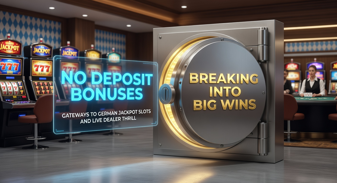 Live-Dealer-Tisch mit Blackjack und Roulette, umgeben von Jackpot-Symbolen und No-Deposit-Bonus-Bannern für deutsche Spieler