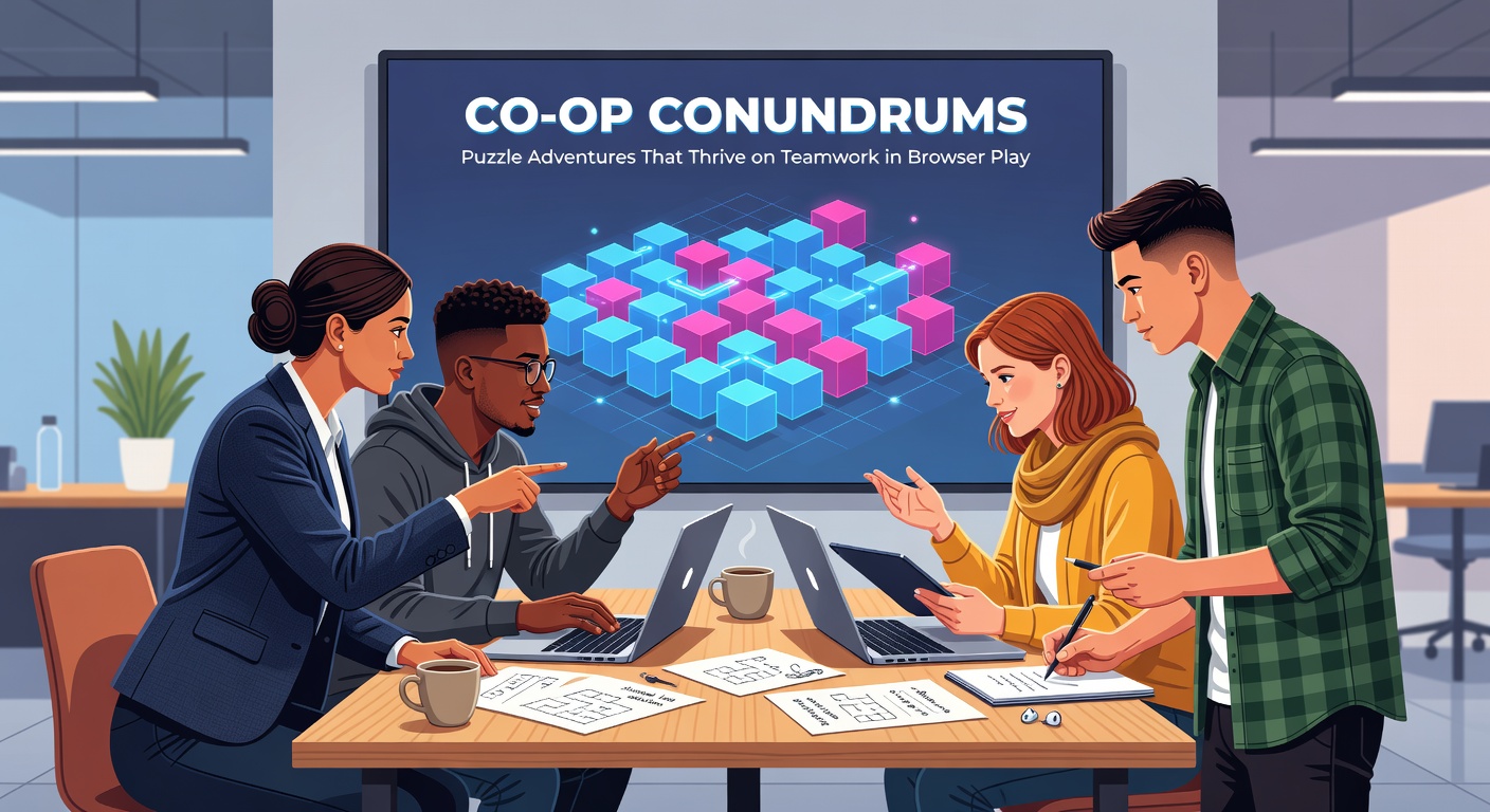 Ein Team von vier Spielern navigiert durch ein labyrinthartiges Puzzle in einem browserbasierten Abenteuer, mit leuchtenden Pfaden und kooperativen Elementen