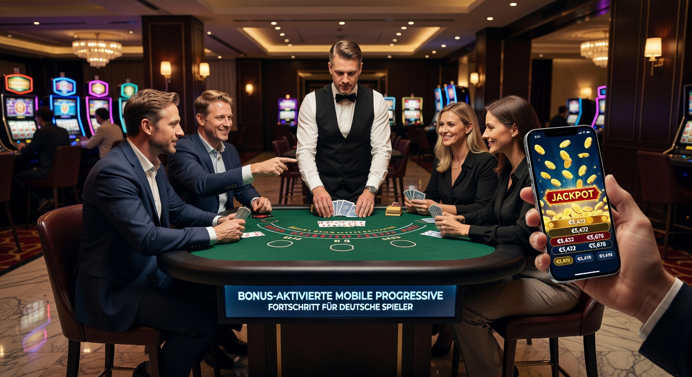Deutsche Slot-Spieler umringen einen virtuellen Live-Tisch auf ihren Mobilgeräten, mit explodierenden Bonus-Jackpots und synchronisierten Progressiven, die den Raum erhellen